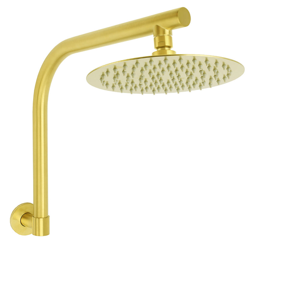 WELS Brushed Gold 8" Round Shower Head Brass 360o Swivel Gooseneck Wall Arm Set V1233-A619GKSR108G