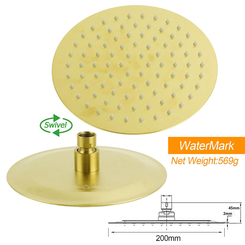 WELS Brushed Gold 8" Round Shower Head Brass 360o Swivel Gooseneck Wall Arm Set V1233-A619GKSR108G