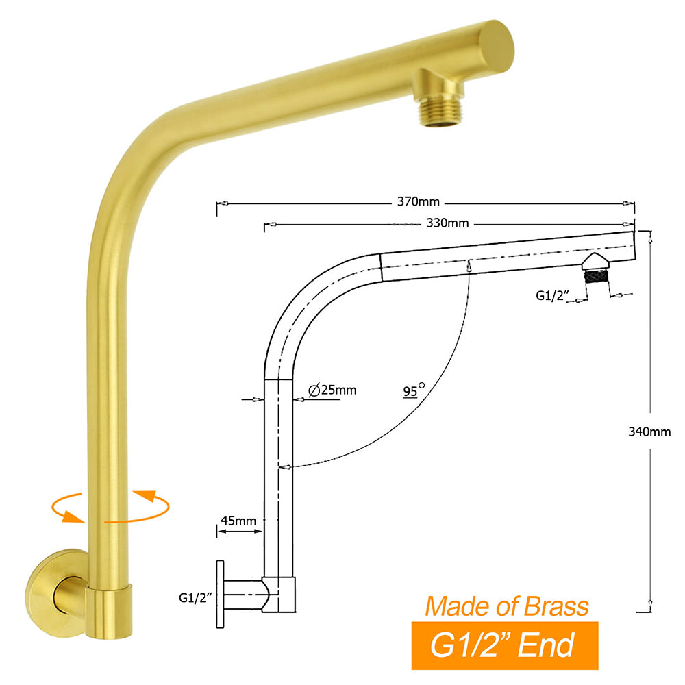 Brushed Gold Round 12 Inch Rain Shower Head Swivel Brass Gooseneck Wall Arm Set V1233-A619GKSR112G