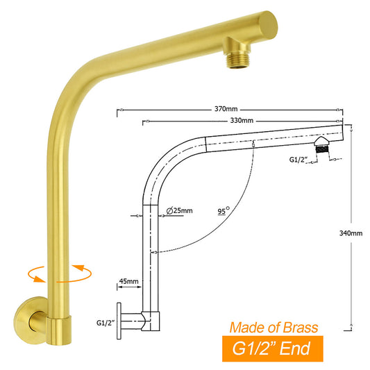 Brushed Gold Round 12 Inch Rain Shower Head Swivel Brass Gooseneck Wall Arm Set V1233-A619GKSR112G