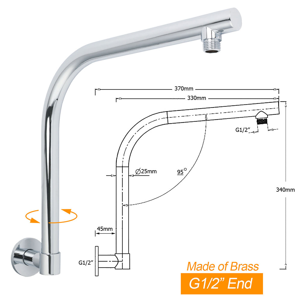 WELS Chrome Round 10" Rainfall Shower Head + 360 degrees Swivel Gooseneck Wall Arm Set V1233-A619KSR110