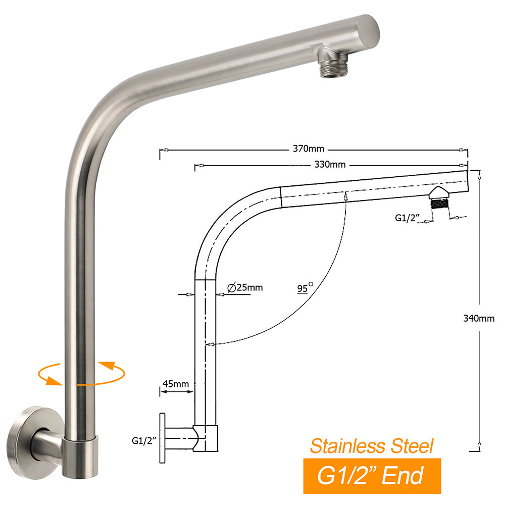 Brushed Nickel 8" Round Rainfall Shower Head 360 degreesSwivel Gooseneck Wall Arm Set V1233-A619NKSR108N