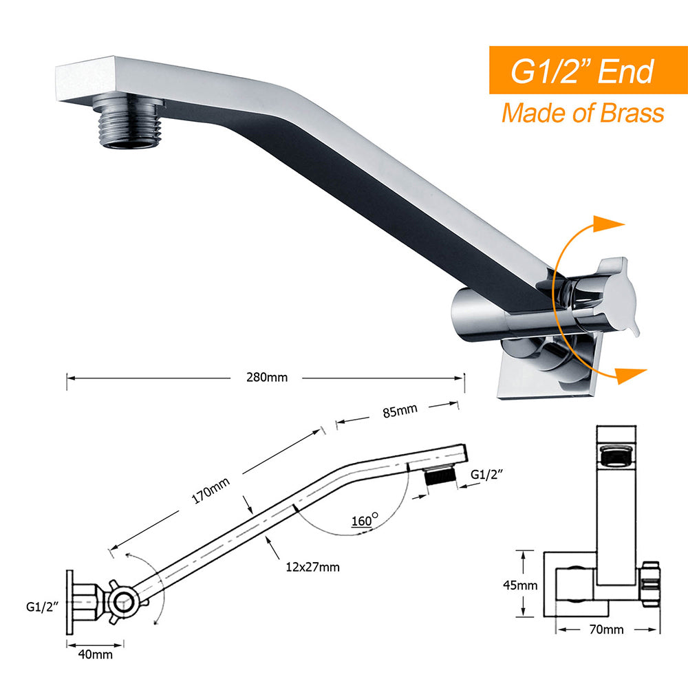Square Chrome Brass Up & Down Adjustable Wall Mounted Shower Arm For Shower Head V1233-A638