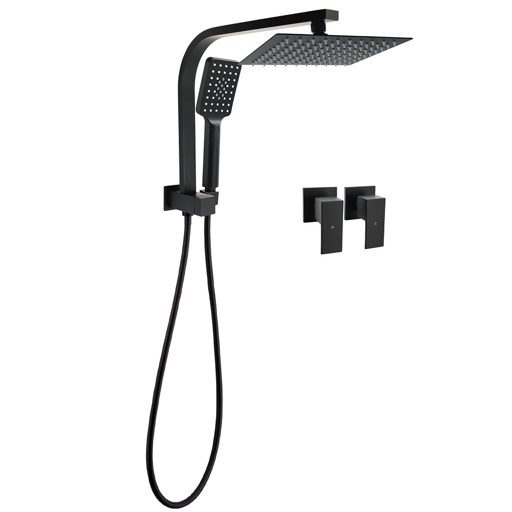 WELS Matt Black 8" Shower Head 3 Modes Handheld Gooseneck Arm Square 2in1 Set Twin Taps V1233-A702BHS002M4CBKSS108BCPF0272BK