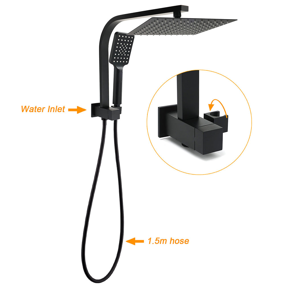 Matt Black Square 10" SUS Shower Head 3 Modes Handheld Gooseneck Arm Twin Set V1233-A702BHS002M4CBKSS110B