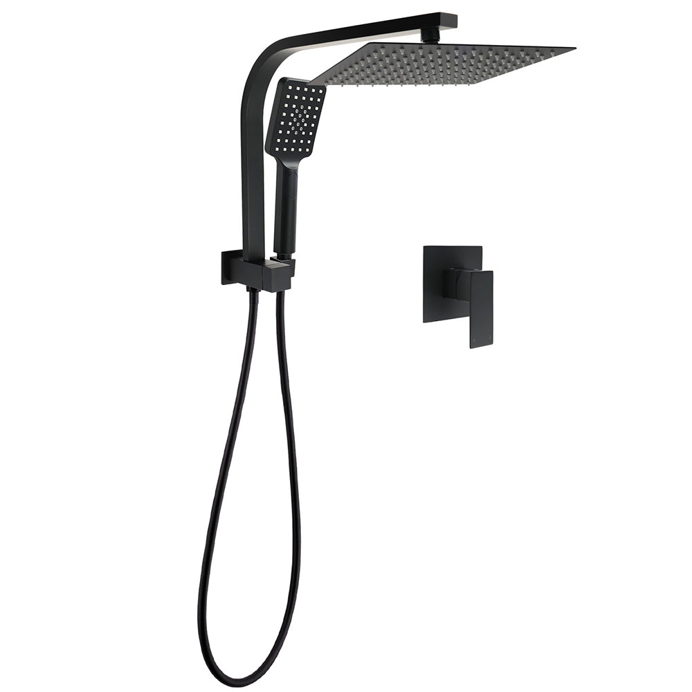 Matt Black Square 10" Thin Shower Head 3 Modes Handheld Gooseneck Arm Twin Set + Mixer V1233-A702BHS002M4CBKSS110BKSQ201B