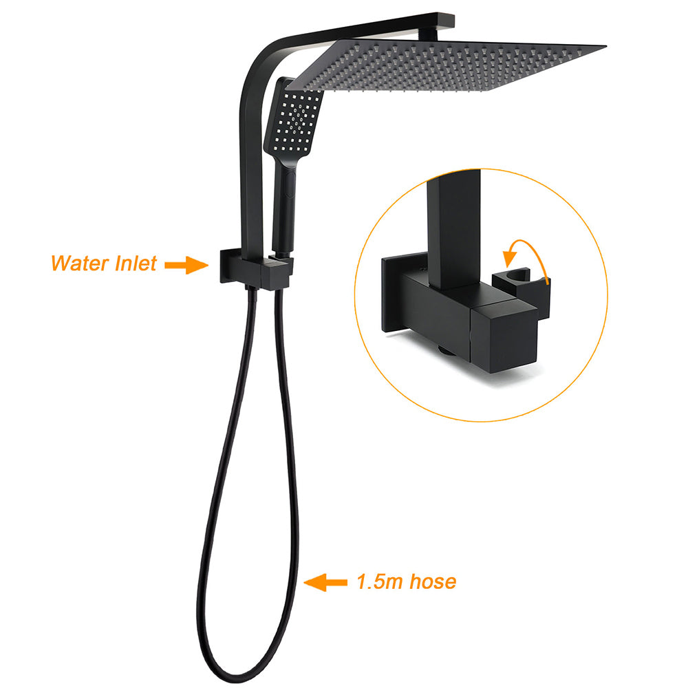 WELS Matt Black Twin Set 12" Large Shower Head 3 Modes Handheld Gooseneck Arm Diverter V1233-A702BHS002M4CBKSS112B
