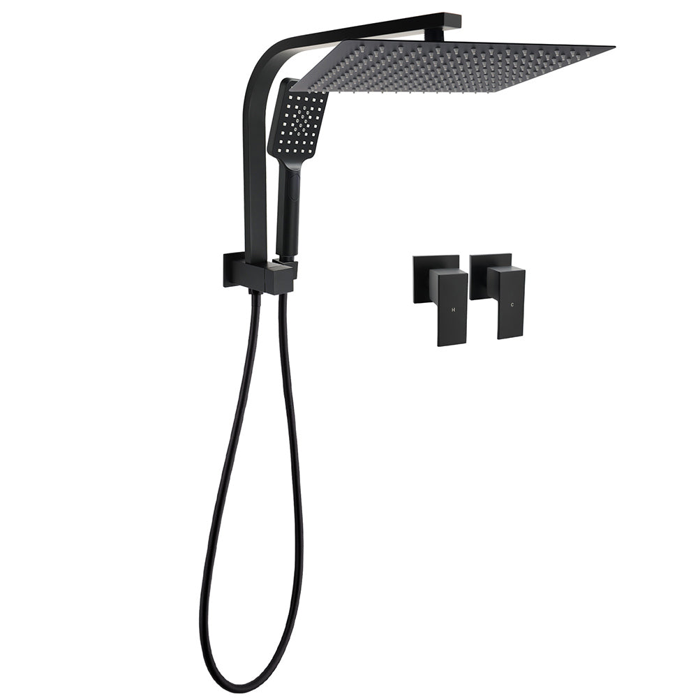 Matt Black Twin Set 12" Large Shower Head 3 Modes Handheld Gooseneck Arm Wall Taps V1233-A702BHS002M4CBKSS112BCPF0272BK