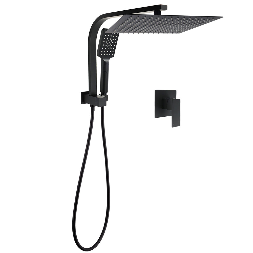 Matt Black Twin Set 12" Large Shower Head 3 Modes Handheld Gooseneck Arm Wall Mixer V1233-A702BHS002M4CBKSS112BKSQ201B