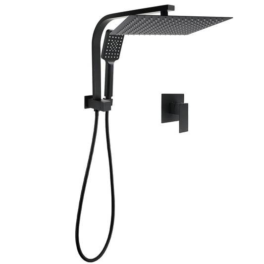 Matt Black Twin Set 12" Large Shower Head 3 Modes Handheld Gooseneck Arm Wall Mixer V1233-A702BHS002M4CBKSS112BKSQ201B