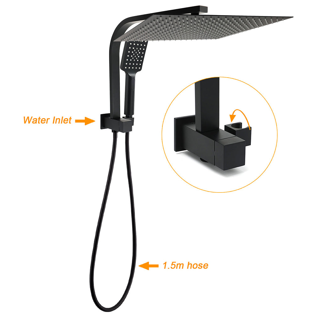 WELS Matt Black Dual Set 16" Extra Large Shower Head 3 Modes Handheld Gooseneck Arm Diverter V1233-A702BHS002M4CBKSS116B