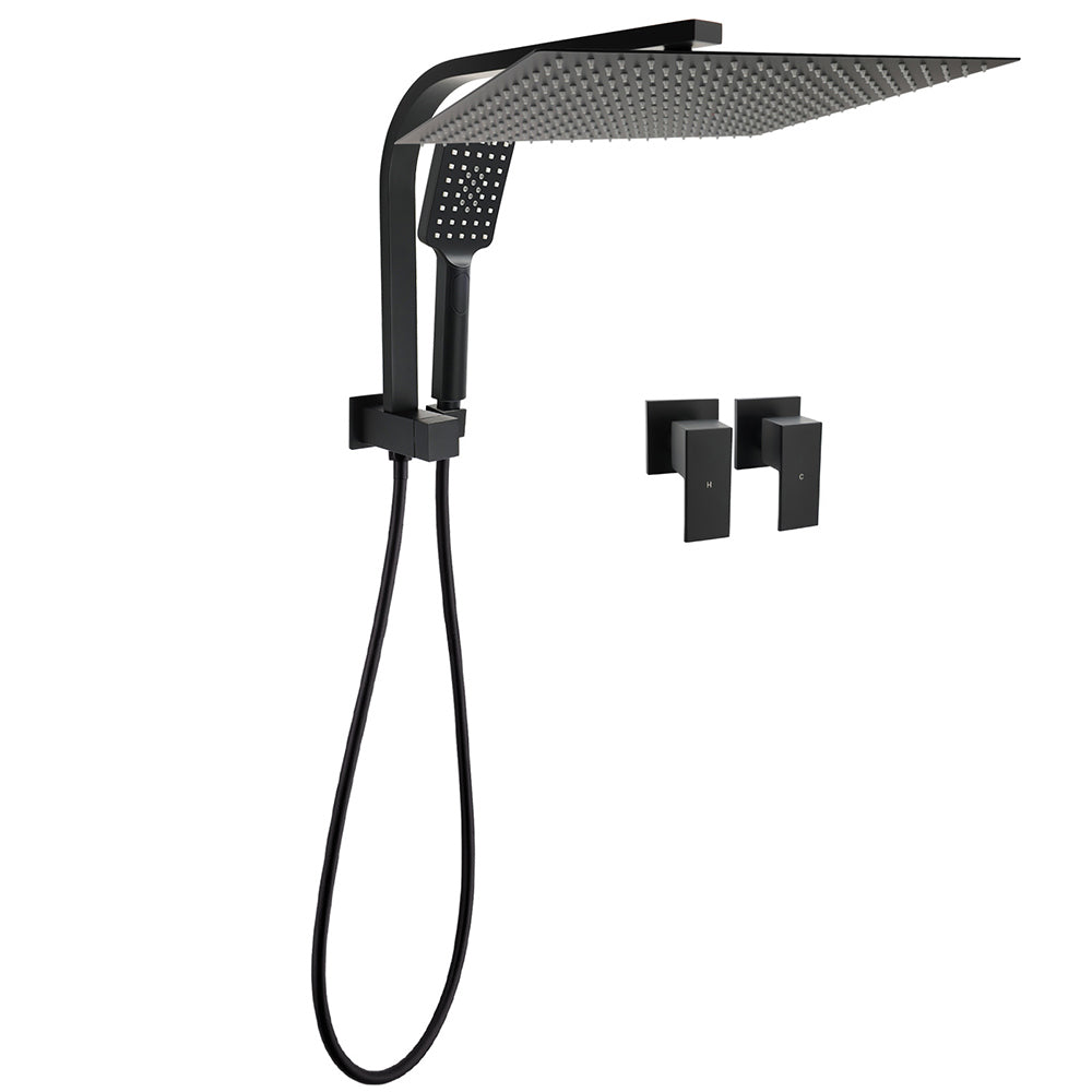 Matt Black 2in1 Set 16" Large Shower Head 3 Modes Handheld Gooseneck Arm Twin Taps Set V1233-A702BHS002M4CBKSS116BCPF0272BK