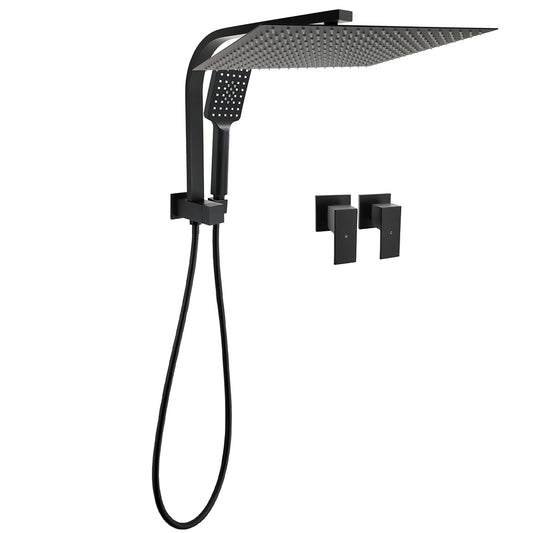 Matt Black 2in1 Set 16" Large Shower Head 3 Modes Handheld Gooseneck Arm Twin Taps Set V1233-A702BHS002M4CBKSS116BCPF0272BK