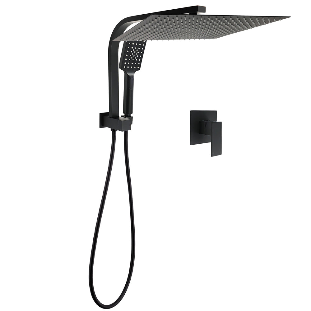 Matt Black Twin Set 16" Extra Large Shower Head 3 Modes Handheld Gooseneck Arm Wall Mixer V1233-A702BHS002M4CBKSS116BKSQ201B