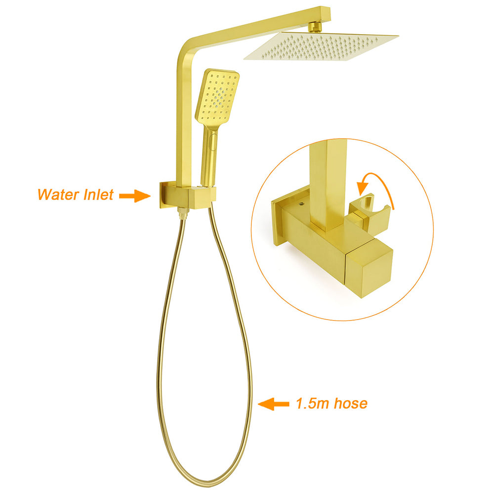 WELS Brushed Gold Twin Shower 8" Rain Head Handheld Diverter Wall Arm Square Mixer V1233-A702GHS002M4CGKSS108GKSQ201G