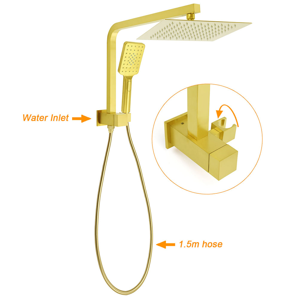 Brushed Gold Twin Shower 10" Rain Head Handheld Diverter Wall Arm Set Square V1233-A702GHS002M4CGKSS110G