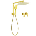 Brushed Gold Twin Shower 10" Rain Head Handheld Diverter Wall Arm Set Square Taps V1233-A702GHS002M4CGKSS110GCPF0272AG