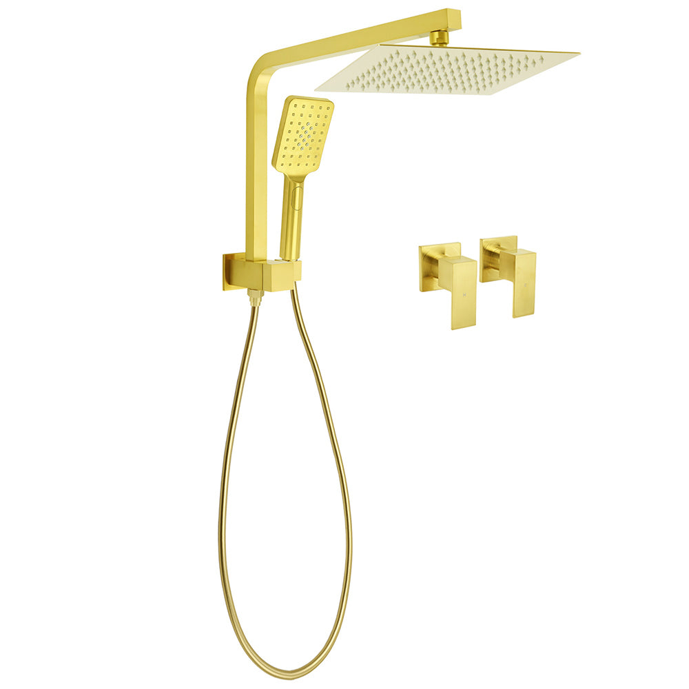 Brushed Gold Twin Shower 10" Rain Head Handheld Diverter Wall Arm Set Square Taps V1233-A702GHS002M4CGKSS110GCPF0272AG