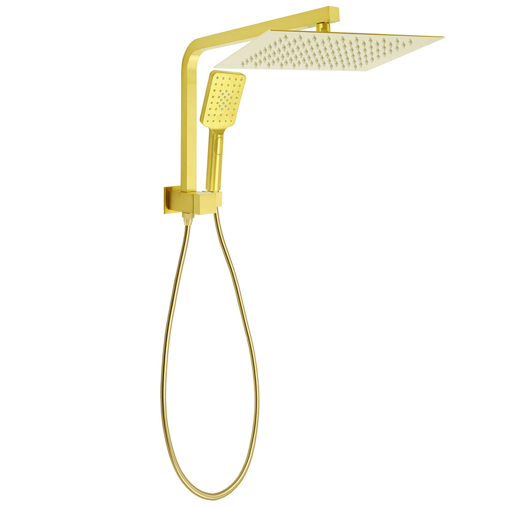 Brushed Gold Twin Shower 12" Rainfall Head Handheld Diverter Wall Arm Set Square V1233-A702GHS002M4CGKSS112G