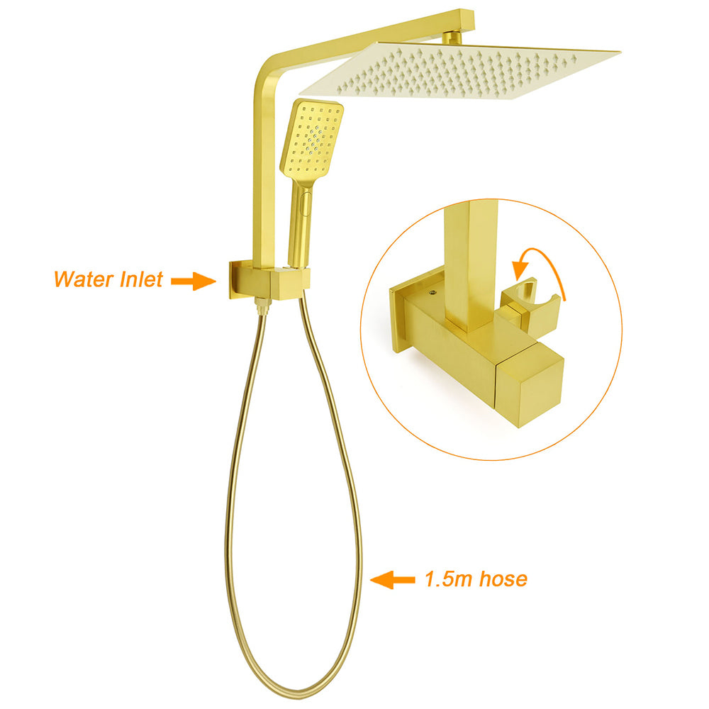 Brushed Gold Twin Shower 12" Rainfall Head Handheld Diverter Wall Arm Set Square V1233-A702GHS002M4CGKSS112G