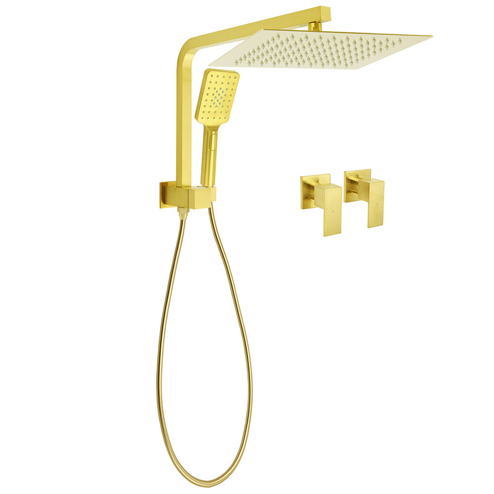 WELS Brushed Gold Twin Shower 12" Rain Head Handheld Diverter Wall Arm Set Square Taps V1233-A702GHS002M4CGKSS112GCPF0272AG