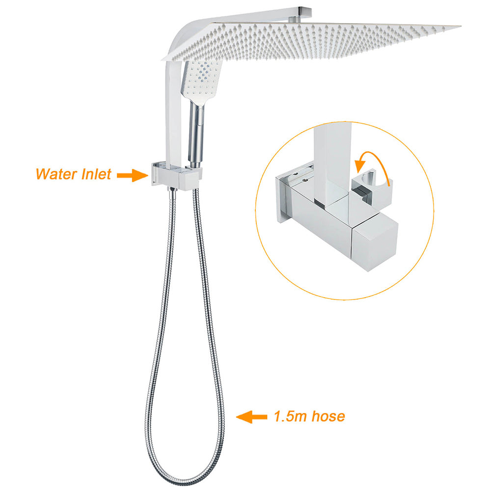 WELS Square Twin Shower Head Chrome 16" Large 3 Mode Handheld Diverter Wall Arm Set V1233-A702ROHS002M4CKSS116