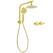 WELS Brushed Gold Round Twin 8" Shower Head Set Diverter Wall Arm Metal Handheld + Taps V1233-A703GHR002M4CGKSR108GCPF0282AG