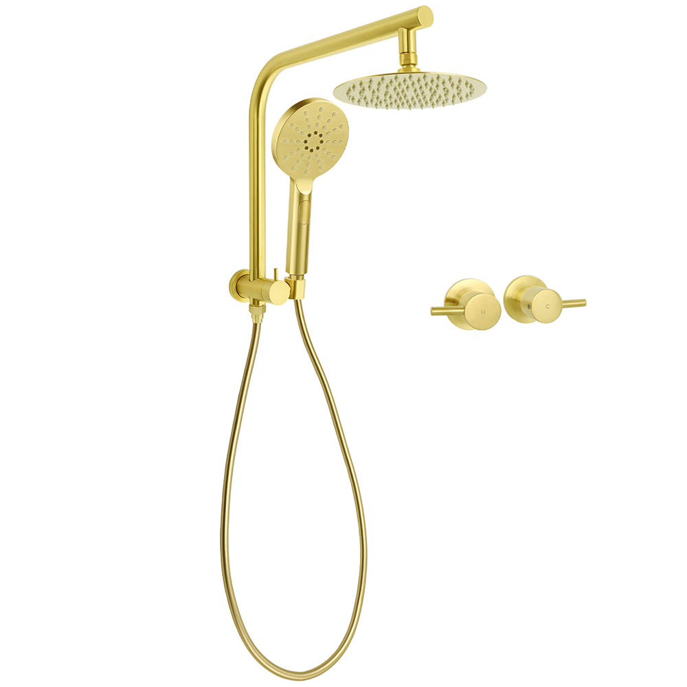 WELS Brushed Gold Round Twin 8" Shower Head Set Diverter Wall Arm Metal Handheld + Taps V1233-A703GHR002M4CGKSR108GCPF0282AG