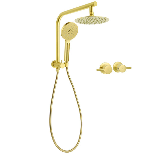 WELS Brushed Gold Round Twin 8" Shower Head Set Diverter Wall Arm Metal Handheld + Taps V1233-A703GHR002M4CGKSR108GCPF0282AG