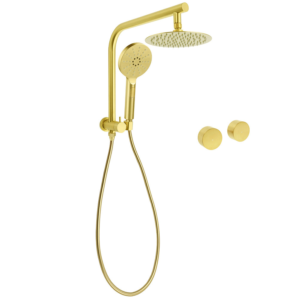 WELS Brushed Gold Round Dual Shower Head Set Simple Hold Handheld Gooseneck Arm Twin Taps V1233-A703GHR002M4CGKSR108GKC0292BG
