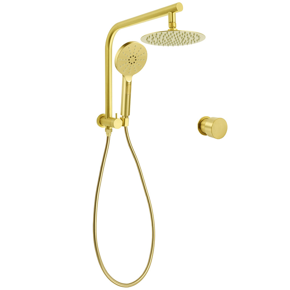 WELS Brushed Gold Round Twin Shower Head Set Stainless Steel Handheld Gooseneck Arm Wall Mixer V1233-A703GHR002M4CGKSR108GKC1292BG