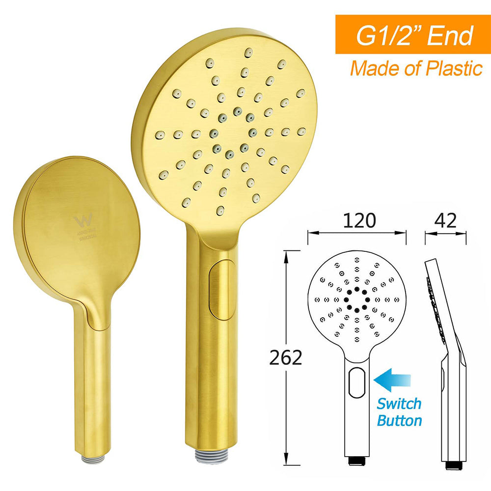 Brushed Gold Round 12" Rain Shower Head 3 Mode Handheld Diverter Wall Arm Set V1233-A703GHR002M4CGKSR112G