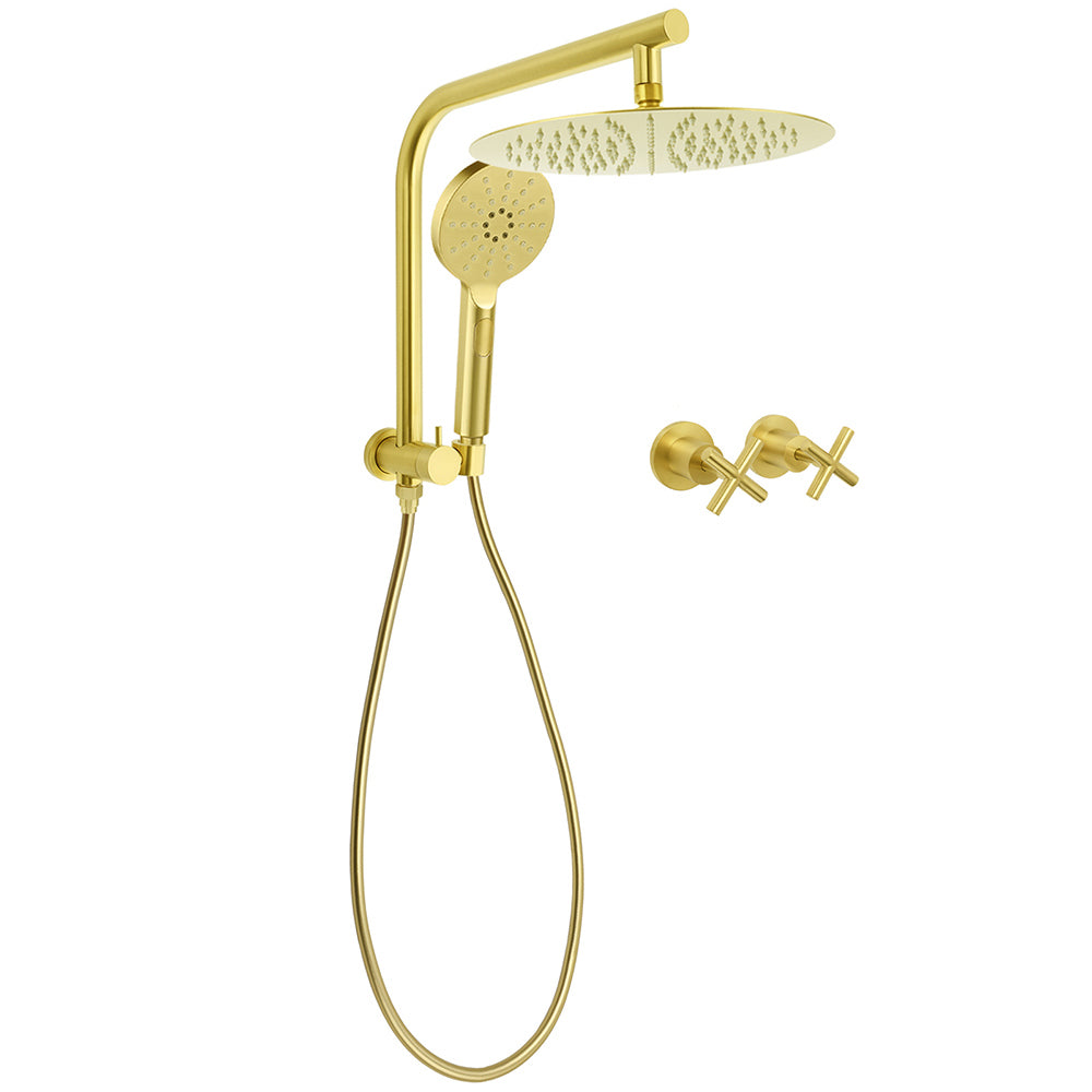 Brushed Gold 2in1 Round Large 12" Rain Shower Head 3 Mode Handheld Wall Arm Bath Mixer V1233-A703GHR002M4CGKSR112GKCR201BG