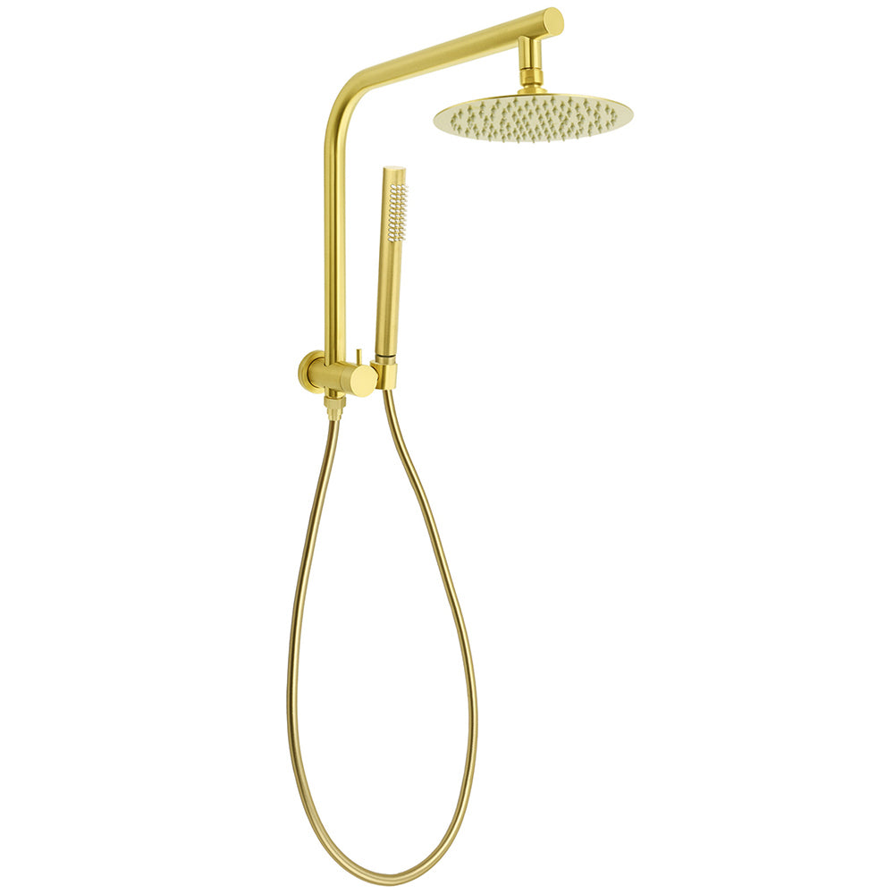 WELS Brushed Gold Round Twin Shower Head Set Diverter Wall Arm Stainless Steel Handheld Rose V1233-A703GSS019CBGKSR108G