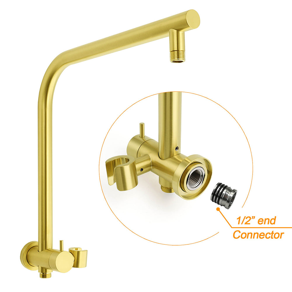 WELS Brushed Gold Round Twin Shower Head Set Diverter Wall Arm Stainless Steel Handheld Rose V1233-A703GSS019CBGKSR108G