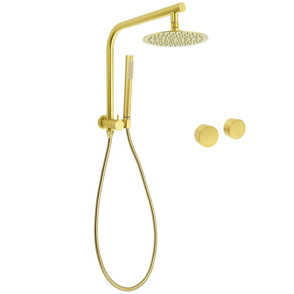 WELS Brushed Gold Round 2in1 Shower Head Set Ergonomic Handheld Gooseneck Arm Twin Taps V1233-A703GSS019CBGKSR108GKC0292BG
