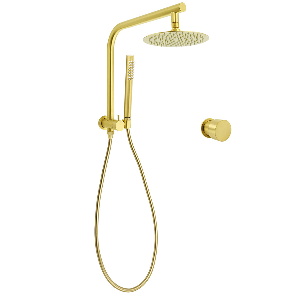 WELS Brushed Gold Round Dual Shower Head Set Single Mode Handheld Gooseneck Arm Wall Mixer V1233-A703GSS019CBGKSR108GKC1292BG