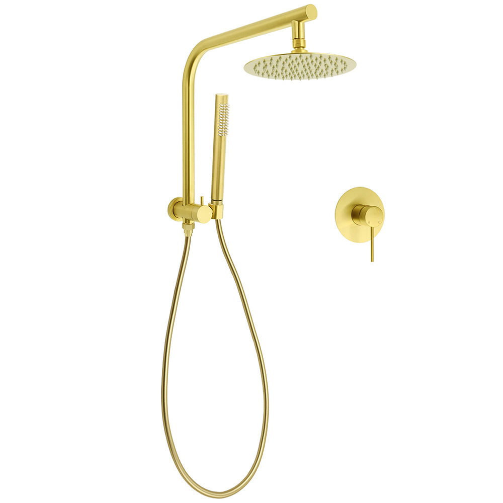 WELS Brushed Gold Round Twin Shower Head Set Diverter Wall Arm Single Mode Handheld Wall Mixer V1233-A703GSS019CBGKSR108GKRD201G