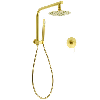 WELS Brushed Gold Round Twin Shower Head Set Diverter Wall Arm Single Mode Handheld Wall Mixer V1233-A703GSS019CBGKSR108GKRD201G
