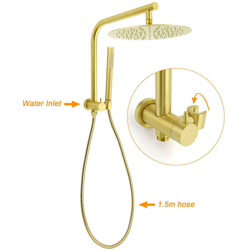 WELS Brushed Gold Round 12" Rain Shower Head Stainless Steel Handheld Diverter Wall Arm Set V1233-A703GSS019CBGKSR112G