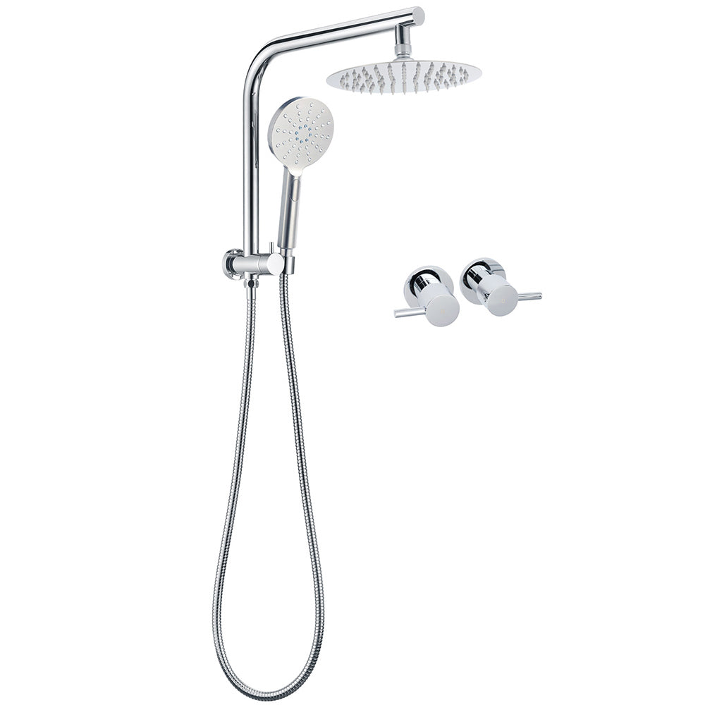 WELS Twin Shower 8" Round Chrome Head 3 Mode Handheld Rose Gooseneck Arm Taps Set V1233-A703ROHR002M4CKSR108CPF0282A