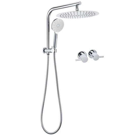 WELS Chrome Double Round Shower Head Set 12" Rainfall & 3 Mode Handheld Gooseneck Arm Twin Taps V1233-A703ROHR002M4CKSR112CPF0282A