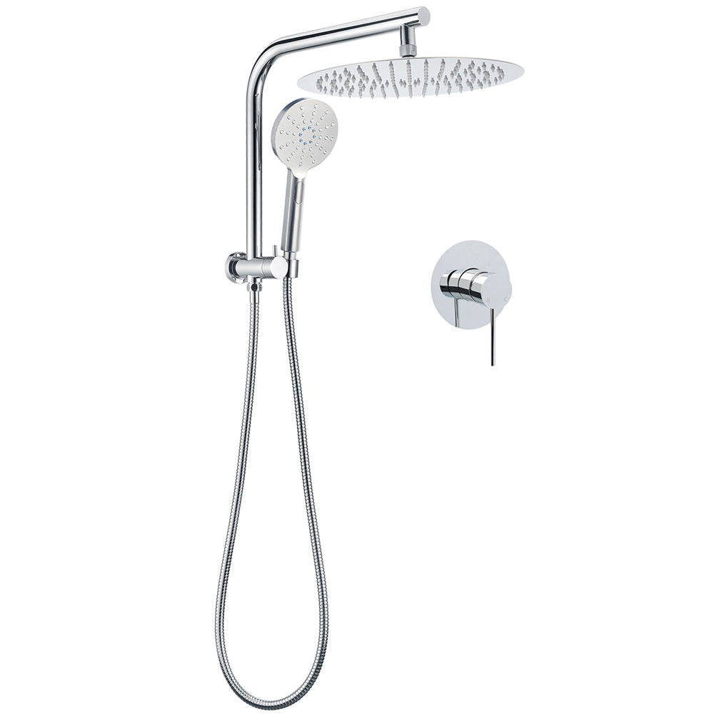 WELS Chrome Double Round Shower Head Set 12" Rainfall & 3 Mode Handheld Gooseneck Arm Mixer V1233-A703ROHR002M4CKSR112KRD201CR