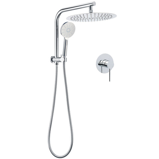 WELS Chrome Double Round Shower Head Set 12" Rainfall & 3 Mode Handheld Gooseneck Arm Mixer V1233-A703ROHR002M4CKSR112KRD201CR