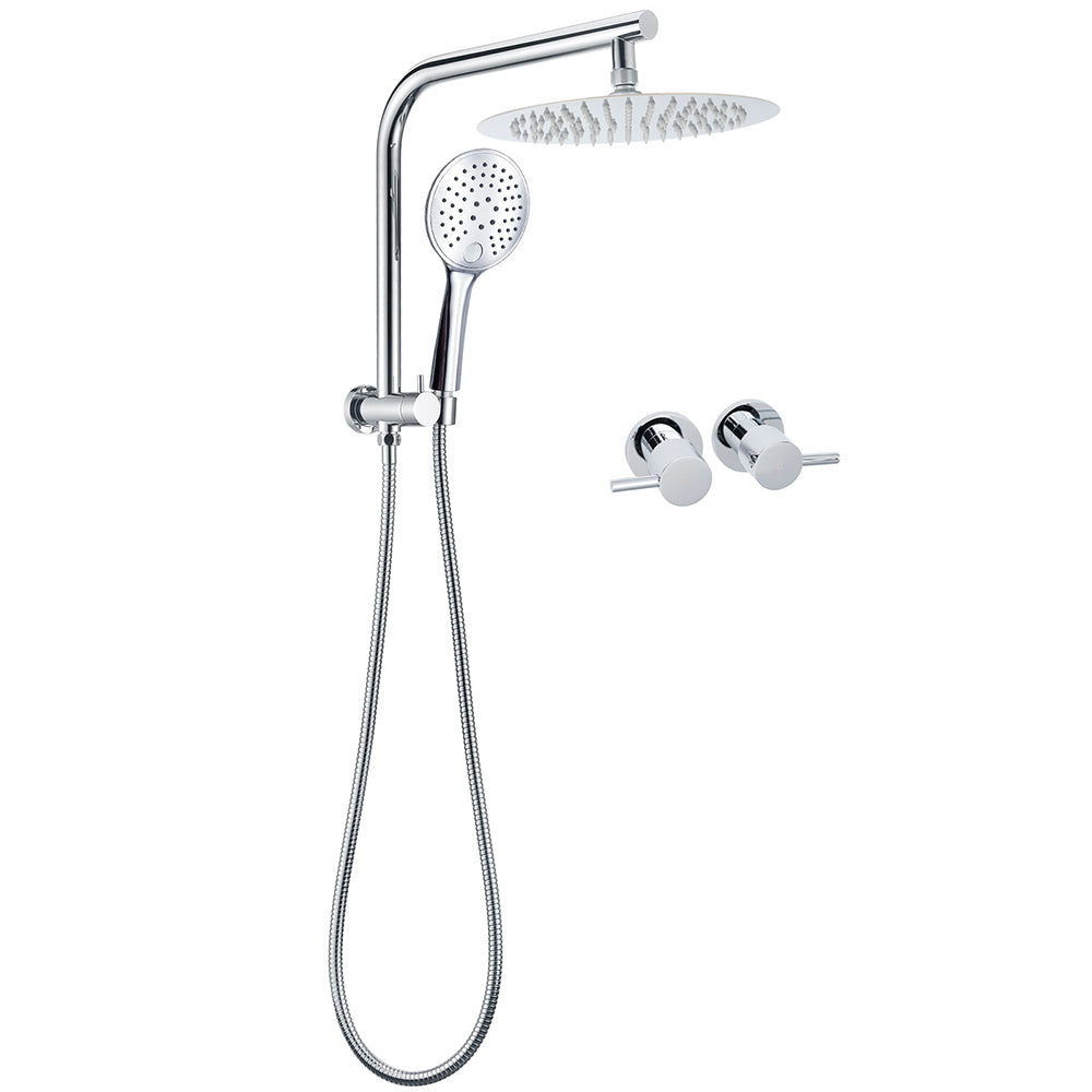 WELS Round Chrome 10" Dual Shower Head 3 Mode Handheld Gooseneck Wall Arm Twin Taps Set V1233-A703ROHR003M4CKSR110CPF0282A