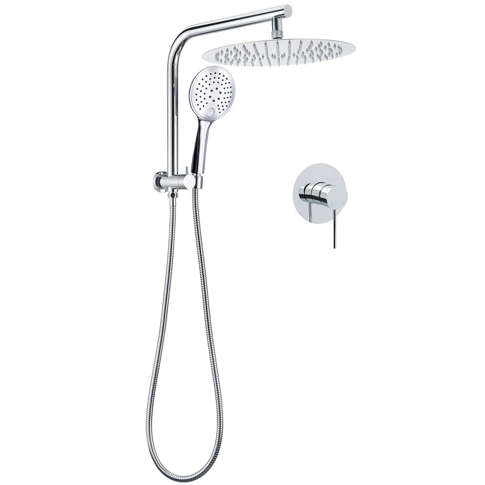 WELS 2in1 Round 12" Shower Head 3 Mode Handheld Drill Free Gooseneck Arm Diverter Set + Mixer V1233-A703ROHR003M4CKSR112KRD201CR