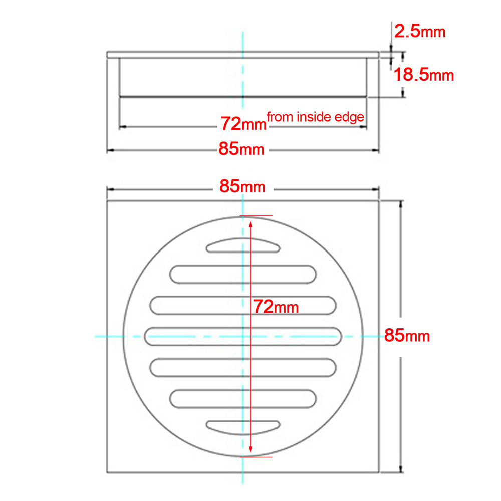 Watermark Stainless Steel 85x85mm Small Square Shower Grate Floor Drain 72mm Outlet V1233-BD073CR