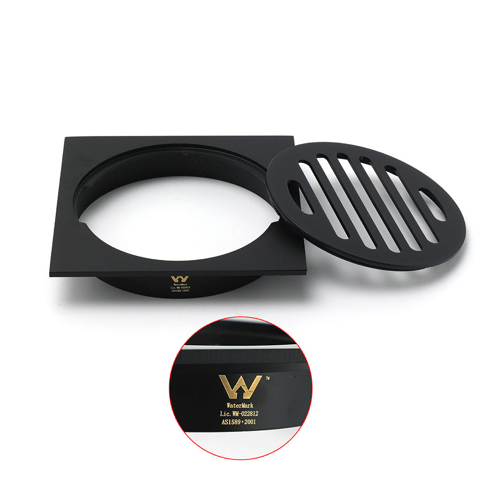 Black Bathroom 110mm Small Square Shower Grate Floor Drain 95mm Outlet Watermark V1233-BD078BL
