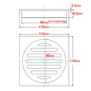 Chrome Stainless Steel 110mm Small Square Shower Grate Floor Drain 95mm Outlet V1233-BD078CR