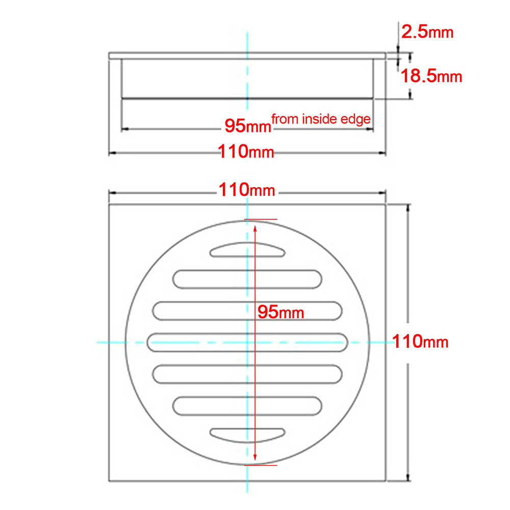 Chrome Stainless Steel 110mm Small Square Shower Grate Floor Drain 95mm Outlet V1233-BD078CR